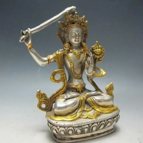 Китайская Серебряная бронзовая позолоченная фотография --- Будда Manjushri | Дом и сад