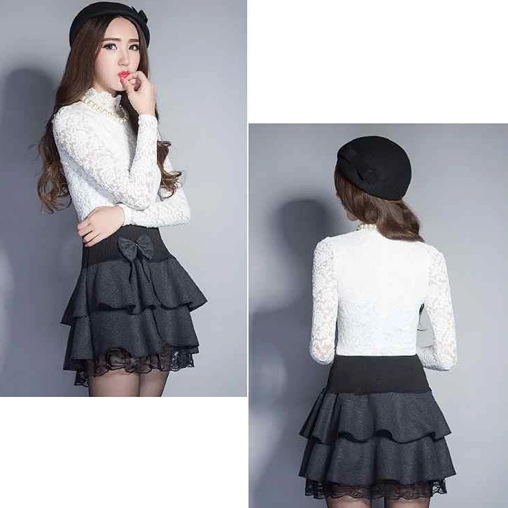 

Women New Elastic High Waist Bow Woolen Skirts Lace Summer A-Line Pleated Elasticity
