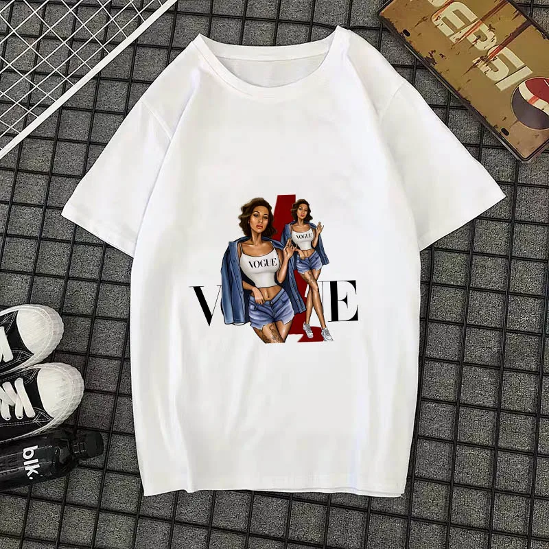 

Summer New 2021 Fashion T shirt Women VOGUE letter print Harajuku Tshirt O-neck Short Sleeve T-shirt White Tops Female Clothing