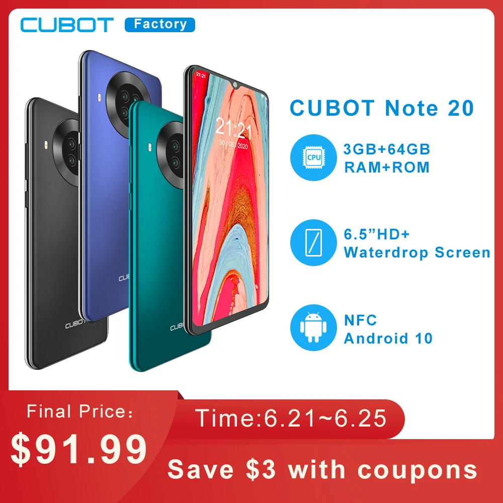 Cubot Note 20 Cellphone NFC 6.5″ HD+ Display 3GB+64GB Smartphone Rear Quad Camera Face Unlock 4200mAh Android 10.0
