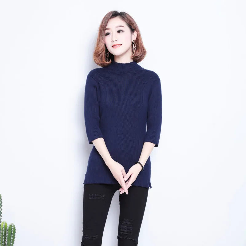 

Half sleeve knitted bottoming shirt slim fitting black women's long sleeve bottoming shirt female round neck half high collar