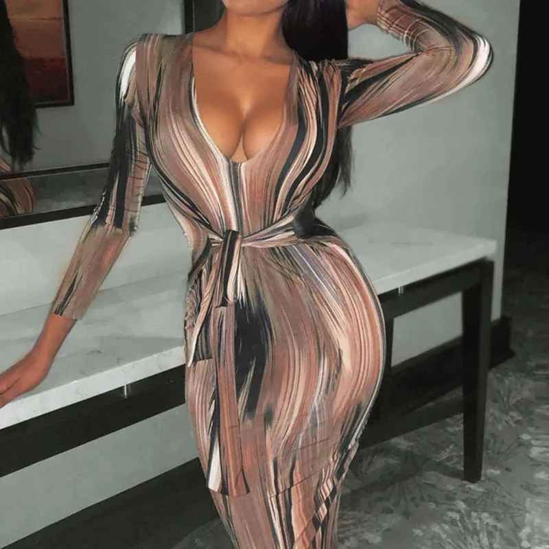 

Tie Dye Long Sleeve Maxi Dress Sexy Fashion A Line Casual Dresses Bodycon V Neck Autumn 2021 Elegant Lace Up Party Women Dress