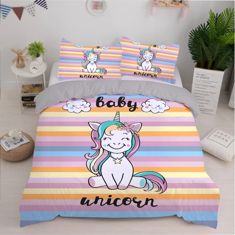 

Oentyo Children Bedding Sets Gifts Unicorn And Horse Printing Duvet Cover Sets For Kids Girls Boys 2/3pcs Child Bed Cover