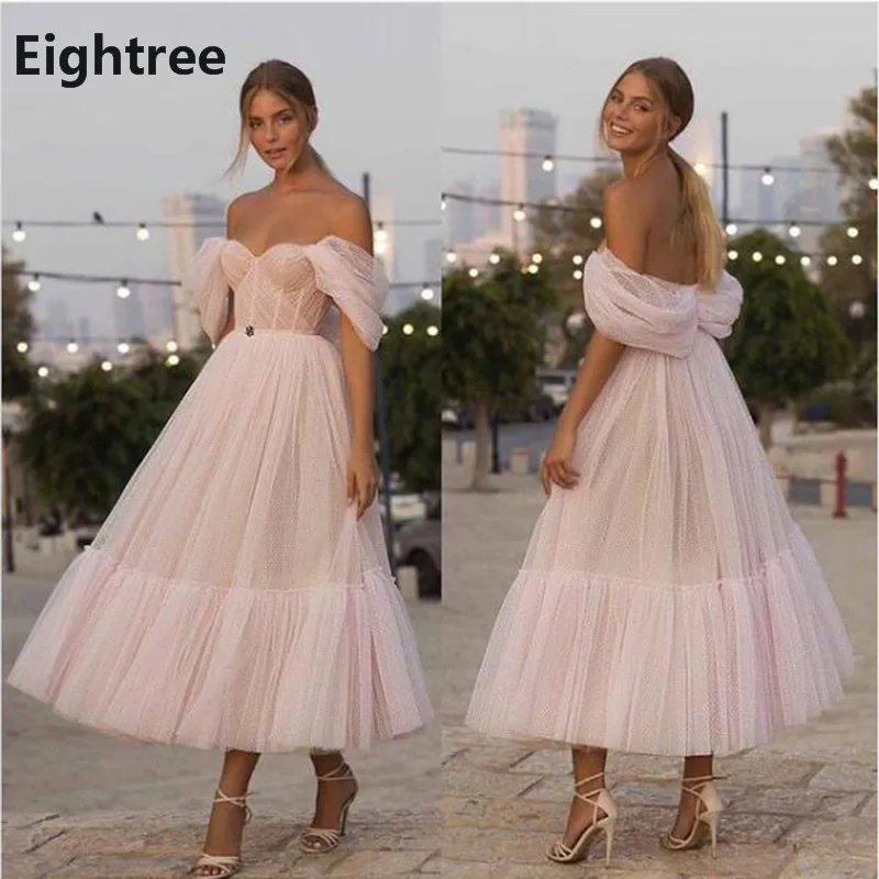 

Eightree Pink Polka Dots Tulle A Line Evening Dress Off Shoulder Tied Tea Length Party Gowns Graduation Prom Dress Custom Made