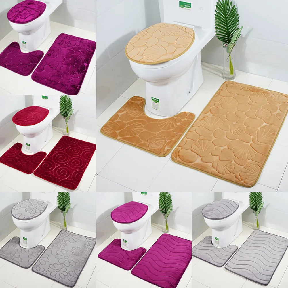 3pcs/set Flannel 3D Pressed Flower Bathroom Mat Set Bath Carpets Modern Toilet Lid Cover Rugs Kit Rectangle Bath Carpet Mat Set
