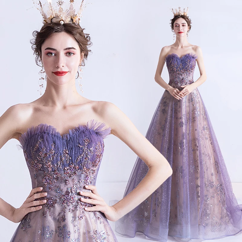 

Sparkle Lavender Long Formal Evening Dresses A Line Sequins Beads Back Lace-up Sweetheart Strapless Prom Party Gowns Celebrity