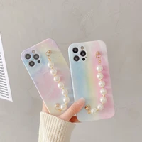 watercolor rainbow liquid silicone phone case pearl chain for iphone 12 pro max 11 7 8 plus x xr xs se2020 shockproof soft cover