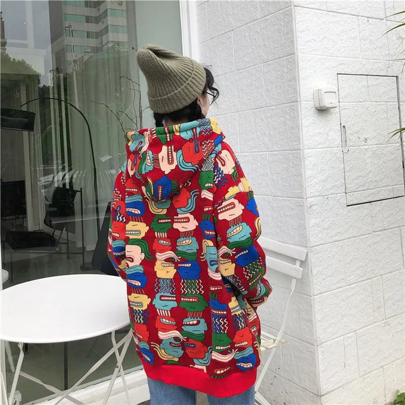 

QRWR Women Korean 2020 Autumn Winter Casual Cartoon Printing Mid Length Hoodies Loose Fleece Oversize Women Sweatshirt