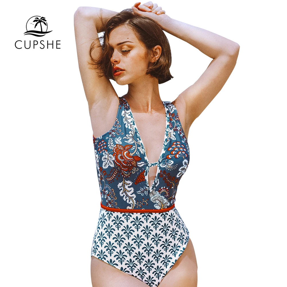 CUPSHE синий с принтом глубоким вырезом Цельный купальник женский сексуальный v