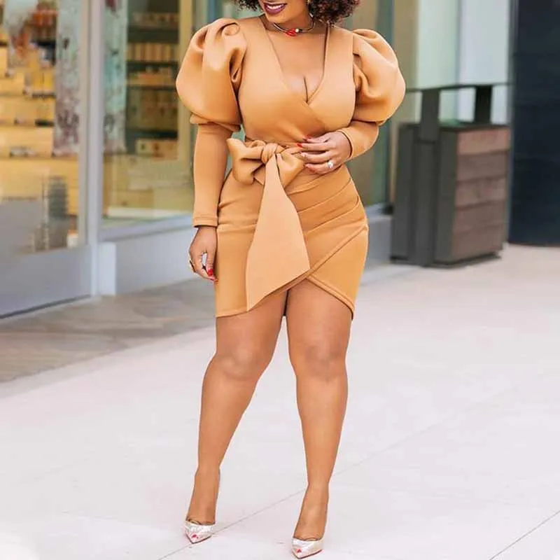 

2021 Autumn Brown Leather Dress Full Sleeve Women High Waist Bodycon Midi Dresses With Belt Deep V Neck Party Club Sexy Wear