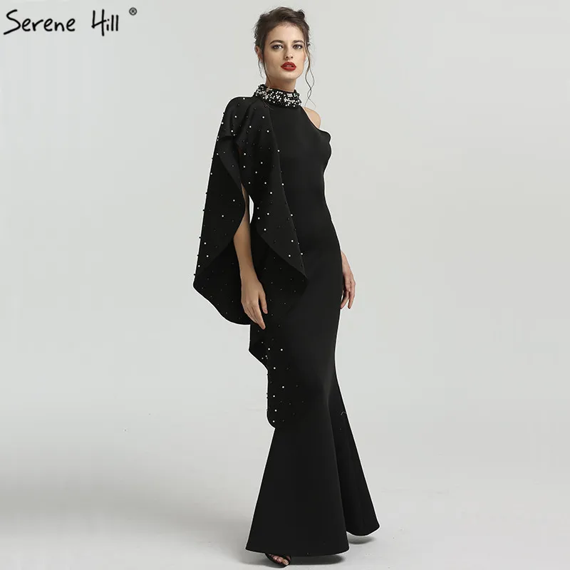 Длинное черное атласное платье-Русалка с бусинами официальное вечернее платье