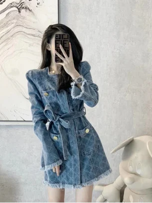 

Hong Kong Style Denim Dress Women 2021 New Retro Temperament Bandage Waist-Controlled Slim Long Sleeve Jean Mini Dress Summer