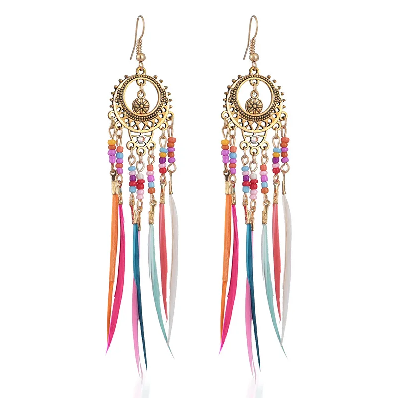 

Fashion Women Hollow Boho Long Feather Tassel Earrings Tibetan Jewelry Brincos Bijoux Vintage Bohemia Gold Alloy Drop Earrings