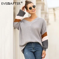 everafter streetwear patchwork color women pullover sweater v neck striped print loose lantern sleeve casual sweatrers female