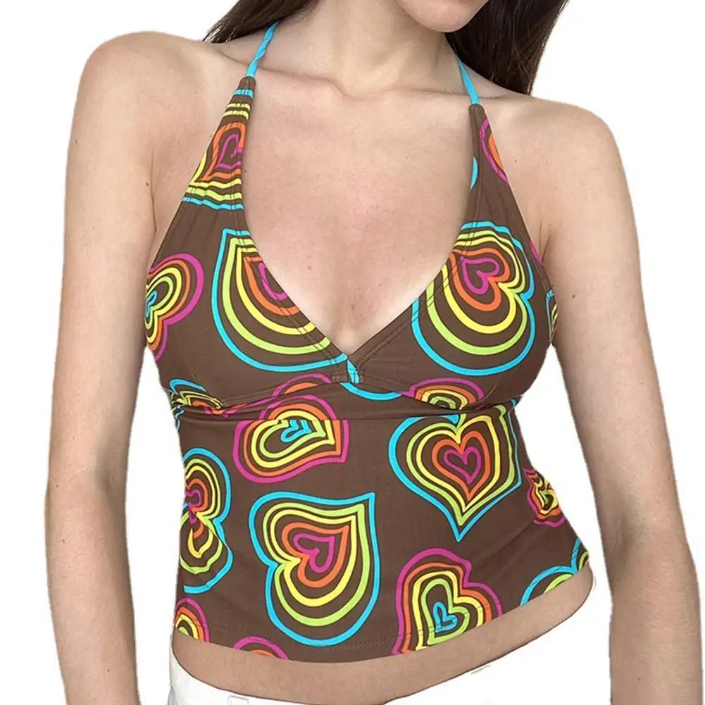 

Summer New Aesthetic Heart Printed Halter Women Sexy Y2K Top Streetwear Backless Camis Crop Sleeveless Tanks Neck V Tie Up F9R2