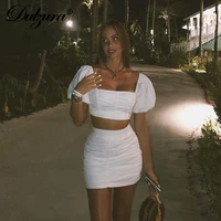 hot sale ruched women two piece set puff sleeve crop top zipper mini skirt bodycon sexy streetwear party club 2022 summer solid
