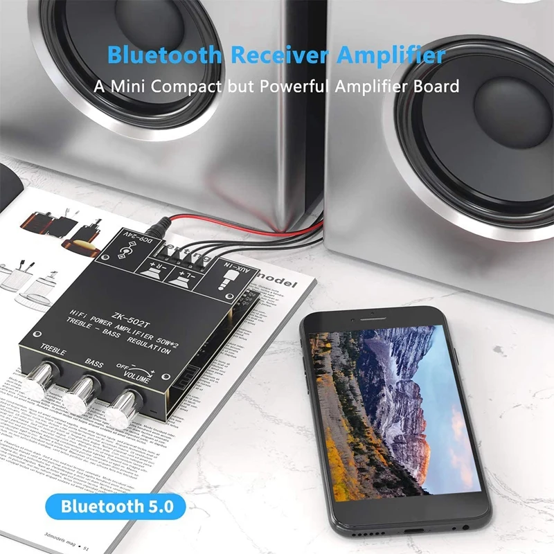 

Bluetooth 5.0 Dual-Channel Stereo 50Wx2 High and Bass Adjustment Subwoofer Audio Power Amplifier Board