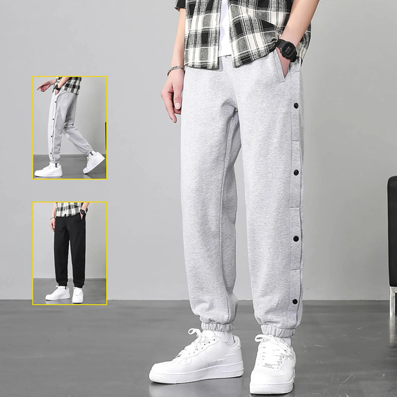 

Men's Harem Sweatpants Fashion Splicing Joggers Casual Pants Side Buttons Solid Sportswear Tracksuit Gyms Run Track Trousers A5
