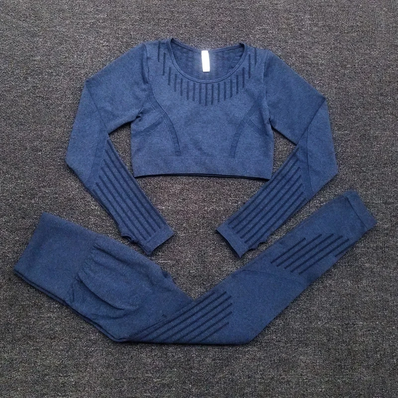 

Бесшовный спортивный комплект из 2 предметов, одежда для тренировок для женщин, короткий топ с длинным рукавом, рубашка, Компрессионные Легг...