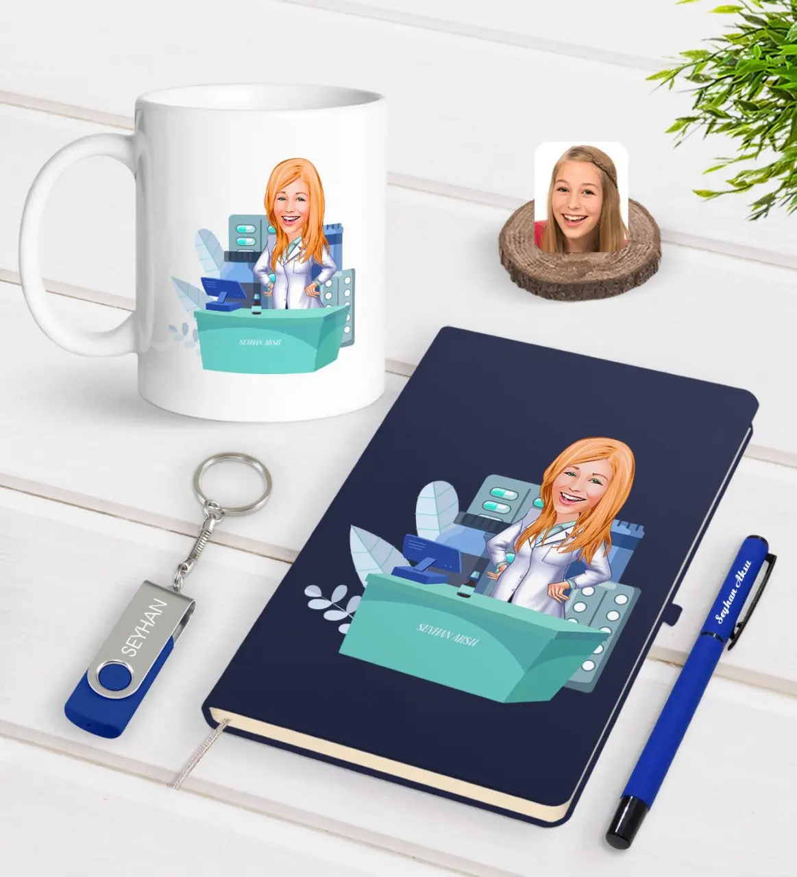 

Personalized Female Pharmacist Caricature Of Navy Blue Notebook Pen cup 32gb USB Memory Gift set-4