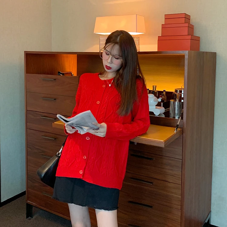 

Women 2021 Fashion 7 color hemp pattern Knitted Cardigan Sweater Sweet V Neck Long Sleeve Female Outerwear Chic Tops