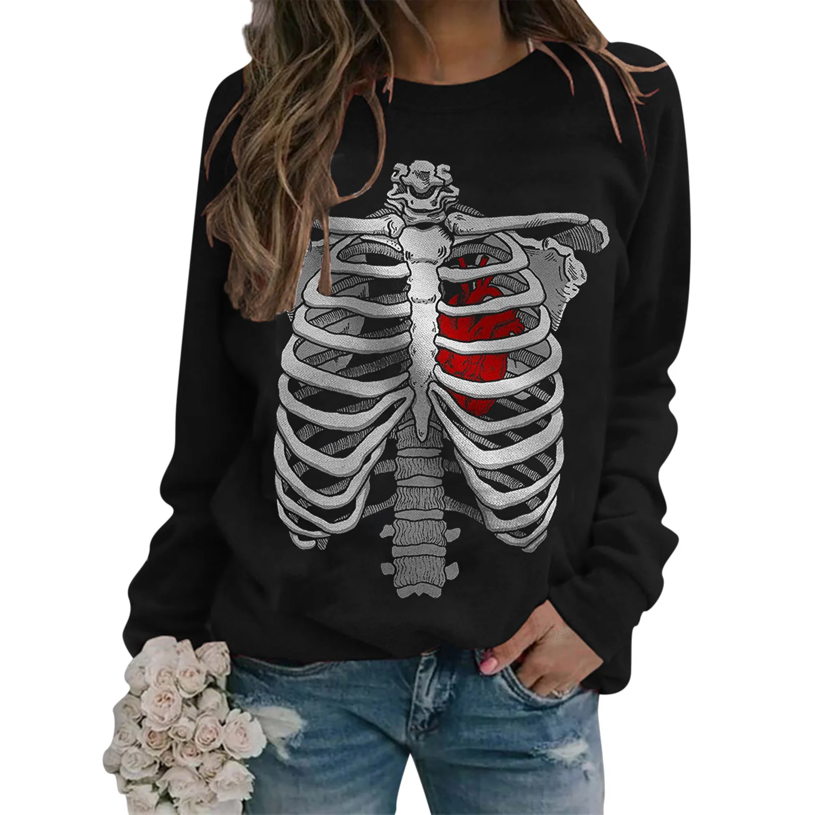 

Женские свитшоты с принтом скелета на Хэллоуин, повседневный Свободный пуловер с длинным рукавом, топ с круглым вырезом, одежда для гранжа, ...