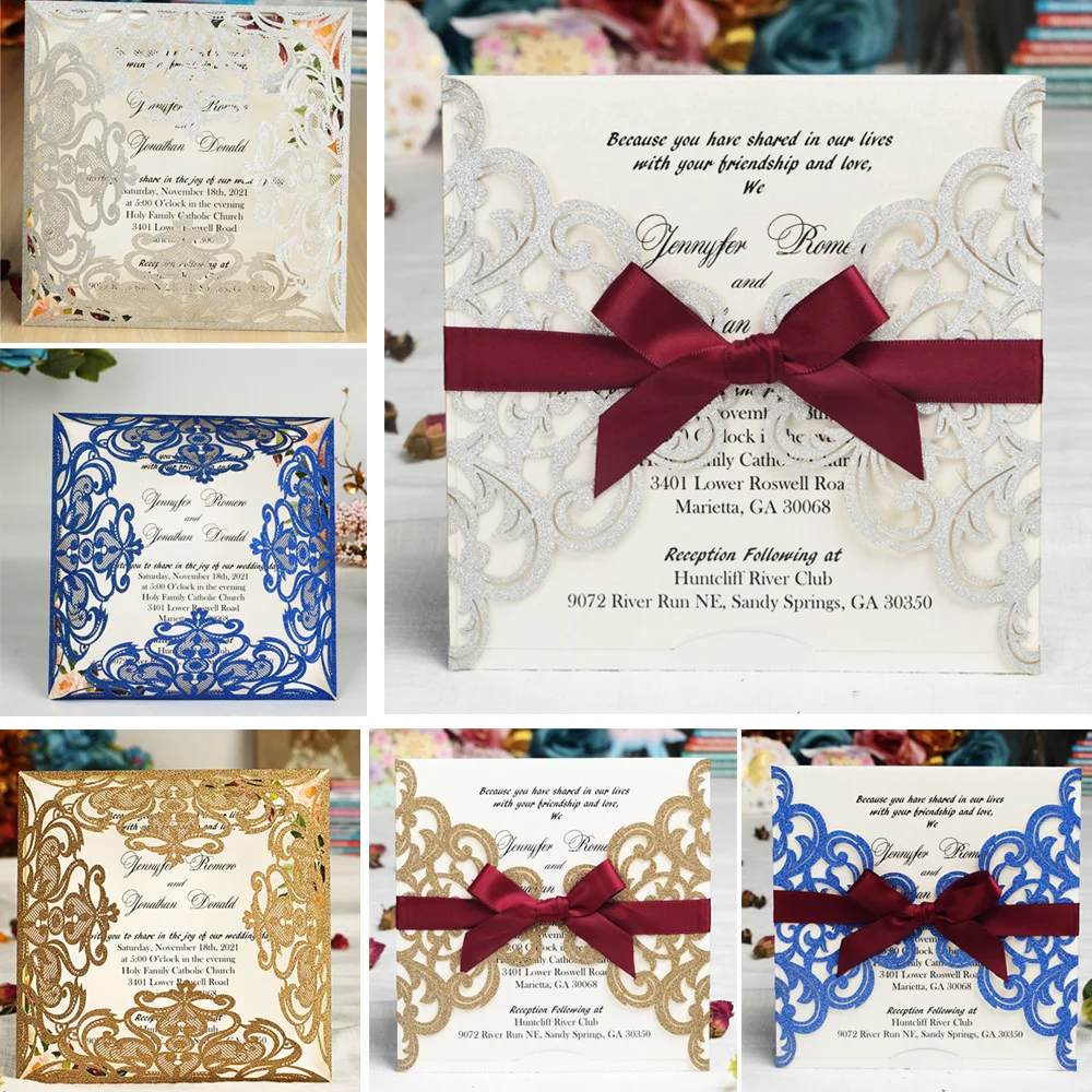 1 шт. блестящие свадебные пригласительные открытки с блестками и кружевными