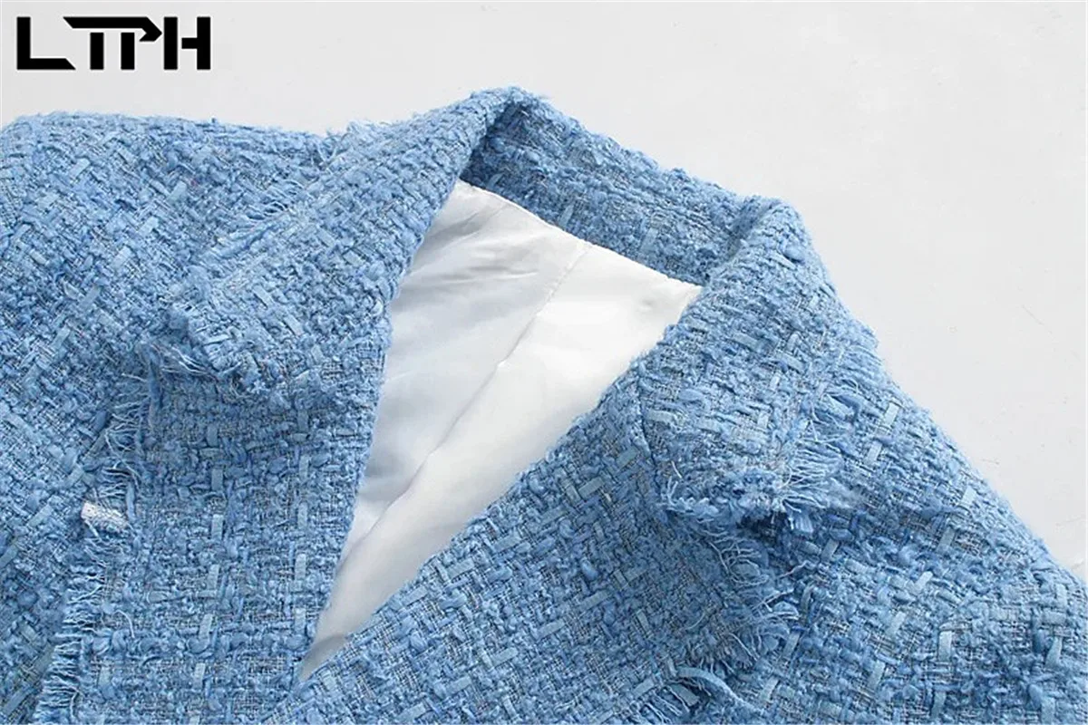 LTPH-Chaqueta de tweed suave para mujer, blazer elegante francés, doble botonadura, largo medio, vintage, para traje, primavera, 2021