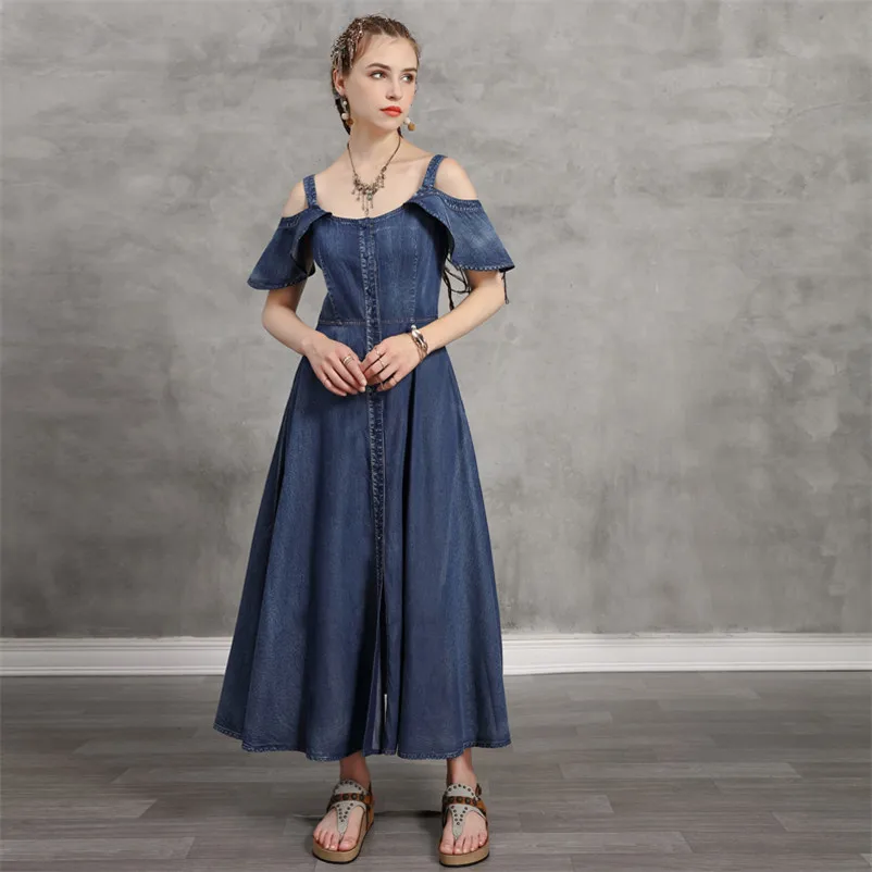 

Summer Hollow Out Denim Dress 2020 Vintage Women Off-shoulder Single Breasted Swing Hem Vestidos K82228 Girl's A line Dress