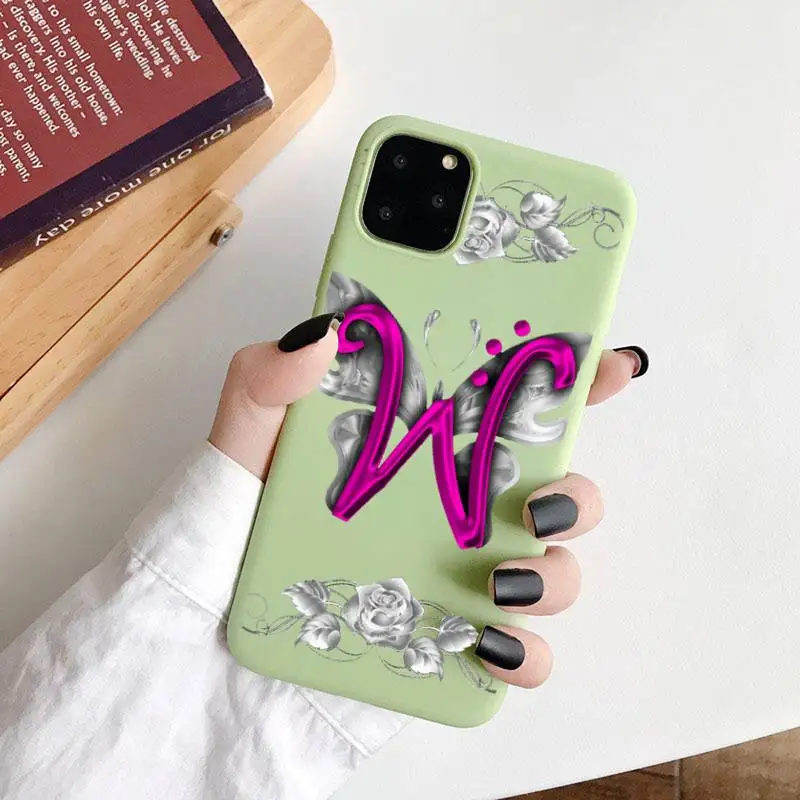 

Custom 26 letters Phone Case Green Candy Color for iPhone 6 7 8 11 12 s mini pro X XS XR MAX Plus
