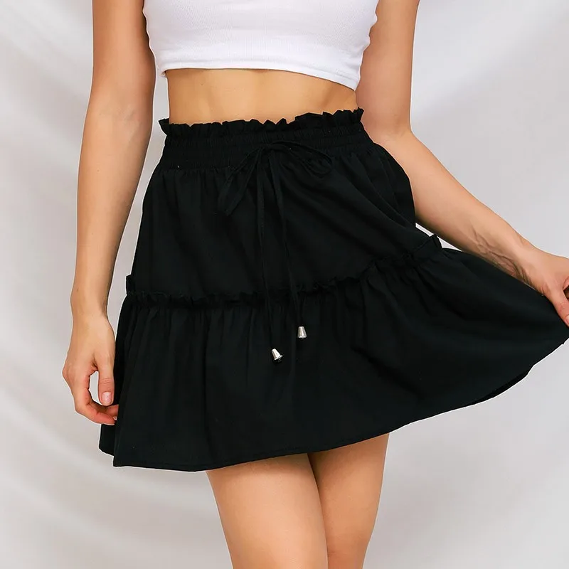 

Summer Boho Solid Color Elastic Waist Ruffle Folds A Line Skirt Women Casual Loose Streetwear Fresh And Sweet Beach Skirts