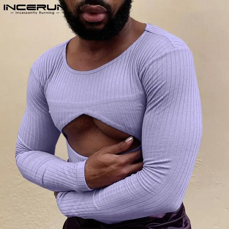 

Топы INCERUN, новинка 2022, Мужская однотонная подходящая ко всему футболка в американском стиле, трикотажный ажурный дизайн, мужская модель с дл...