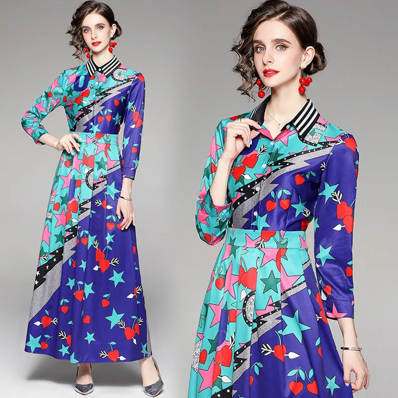

New Casual Turn-down Collar Button Office Lady Shirt Dress Women Elegant Long Sleeve Maxi Dress Fashion Print Luxury Party Dress
