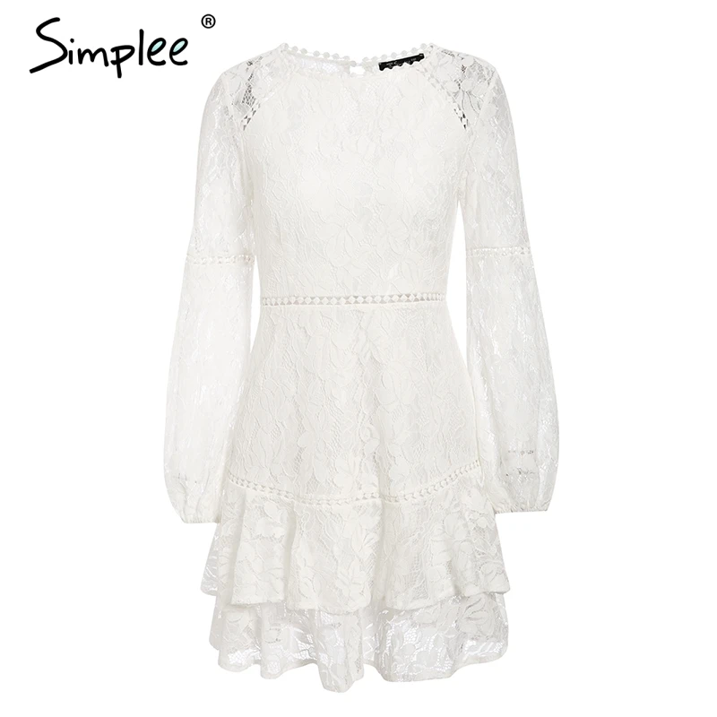 Simplee Elegant lace transparent dress Puff sleeve floral long sleeve white dress High waist ruffle office lady autumn vestidos