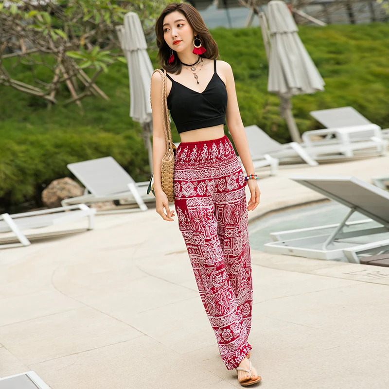 

Summer Cotton Silk Holiday Beach Bohemia Pants Pattern Print Large Size Women Wide Leg Pant Loose High Waist Beam Foot Trousers