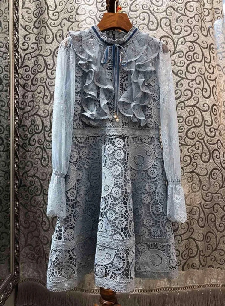 

Top Quality New 2020 Spring Summer Runway Dress Women Stand Neck Ruffle Patchwork Long Sleeve White Blue Lace Embroidery Dress