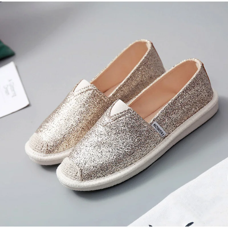 

Туфли женские холщовые, повседневные лоферы, круглый носок, блестящие, плоская подошва, обувь для девочек, черные белые