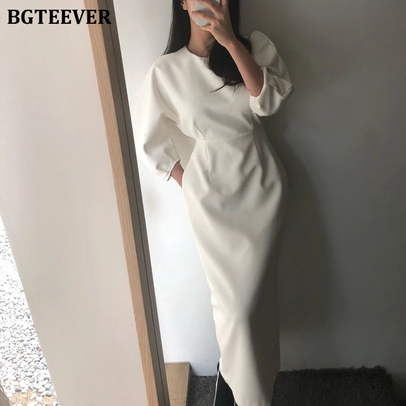 BGTEEVER, элегантное простое женское платье, посылка, в бедрах, Осень-зима, однотонное, приталенное, с высокой талией, женское длинное платье, обтягивающее платье - Цвет: white