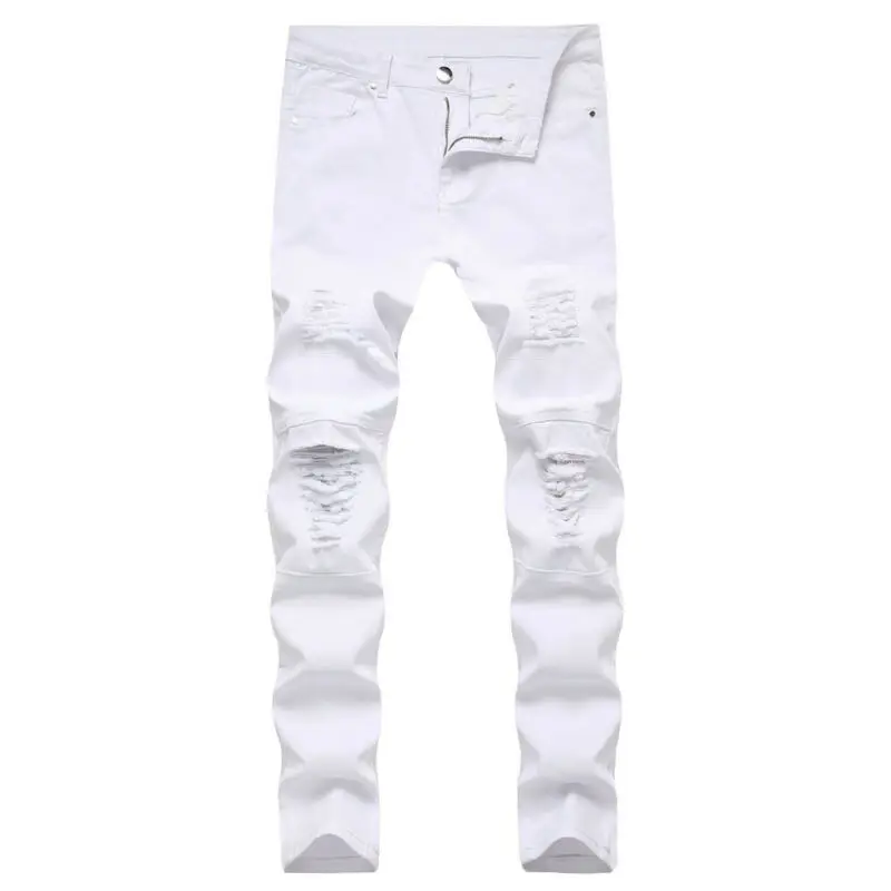 

Mens Super Stretch Trousers 2021 Summer Fashion Solid Pockets Zipper Skinny Jeans Ripped Denim Casual Distressed Man's Pants