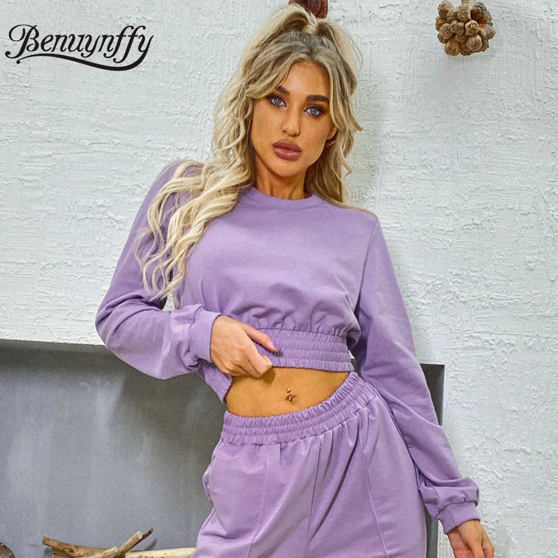 

Benuynffy Solid Elastic Waist Crop Top Sweatshirt Women Autumn Crew Neck Long Sleeve Fashion Streetwear Ladies Croped Sweatshirt