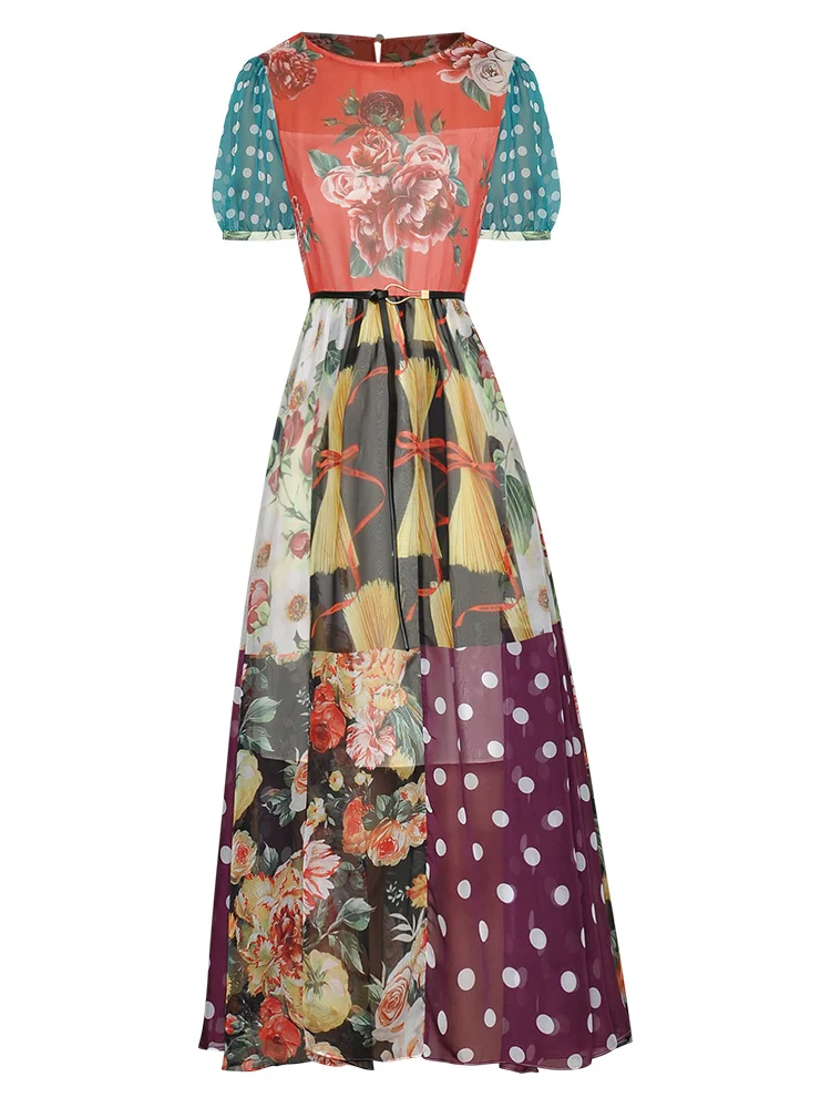 

HIGH QUALITY Newest 2021 Designer Runway Round Neck Short Sleeve Polka Dot Print Contrast Dress