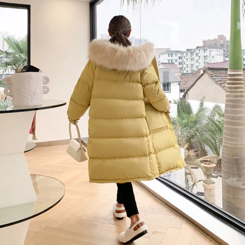 

Ailegogo Winter Women Long Parka Natural Fur Collar Hooded 90% White Duck Down Coat Thick Warm Snow Loose Jacket Black Outwear