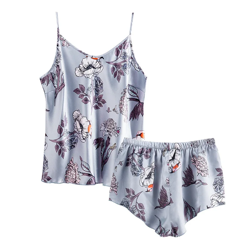 

ChunShang 2021 New Ice Silk Pajamas Women Summer Sexy Underwear Thin Print V-Neck Suspender Shorts Home Service