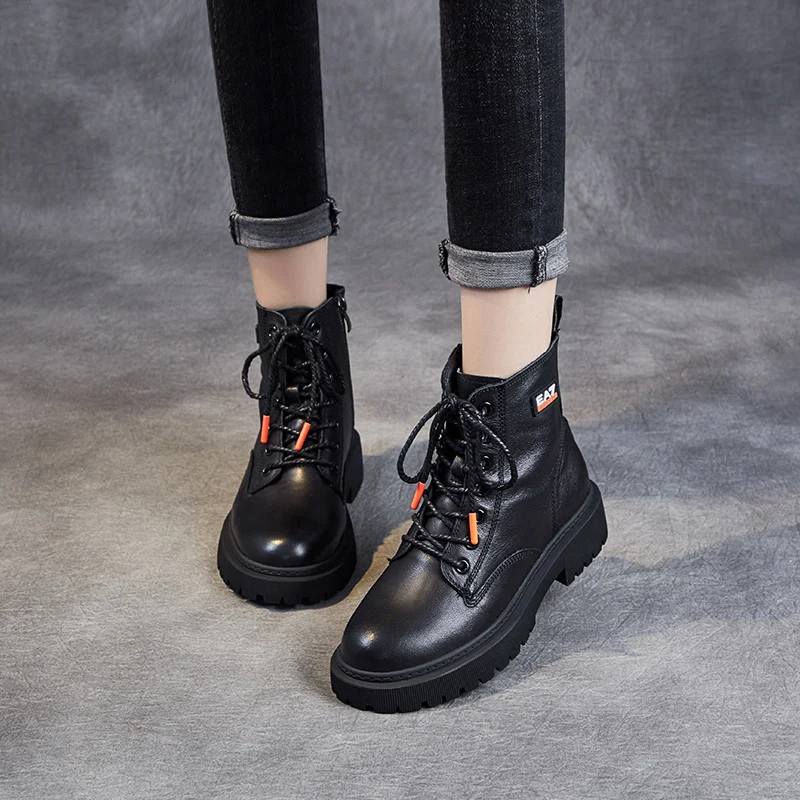 

Platform Motorcycle Boots Women's Layer Cowhide 2021 Autumn Winter New Warm Plush Lace-Up Ankle Boots Thick Heel Round Toe Woman