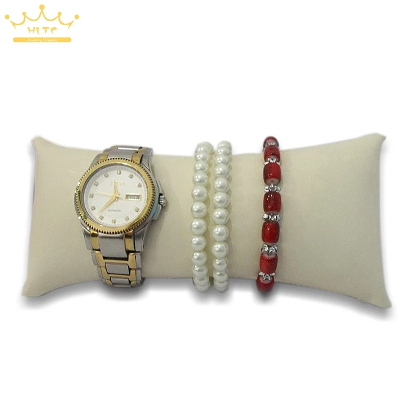 Beige Leather Превосходный бархатный Большой Браслет Дисплей Подушка лодыжки держатель часы Органайзер Ювелирных Изделий Дисплей Стенд - Цвет: Beige Leather