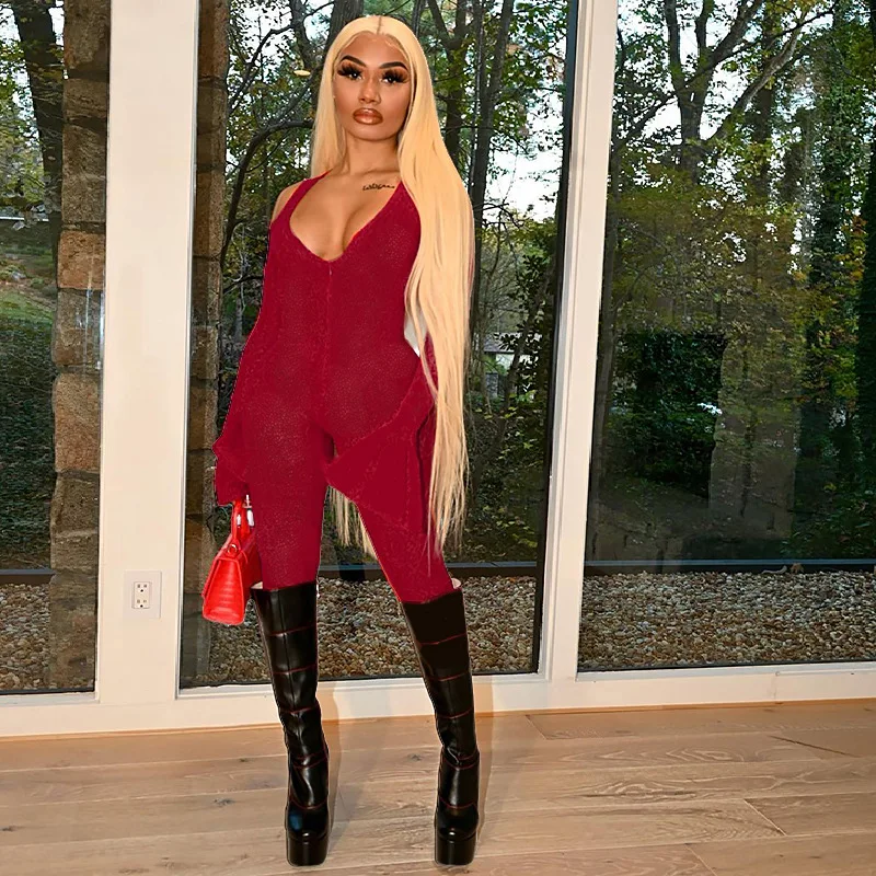 Женский комбинезон с длинным рукавом однотонный облегающий сексуальный 3 цвета