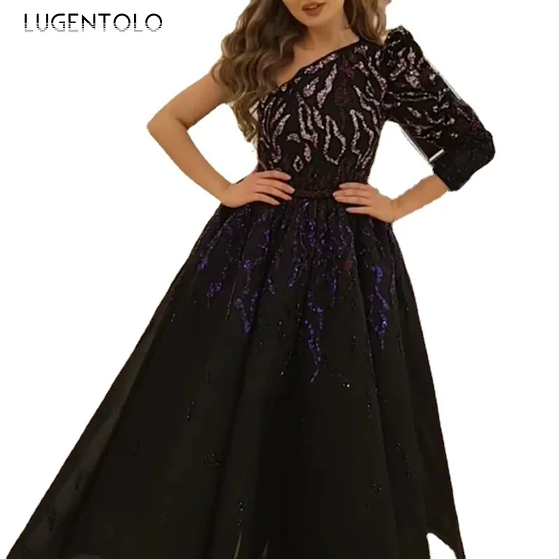 

Party Dress Women Slim Banquet Elegant Black Dresses One-shoulder Big Swing Lady Elegant High Waist Dinner Long Dress Lugentolo