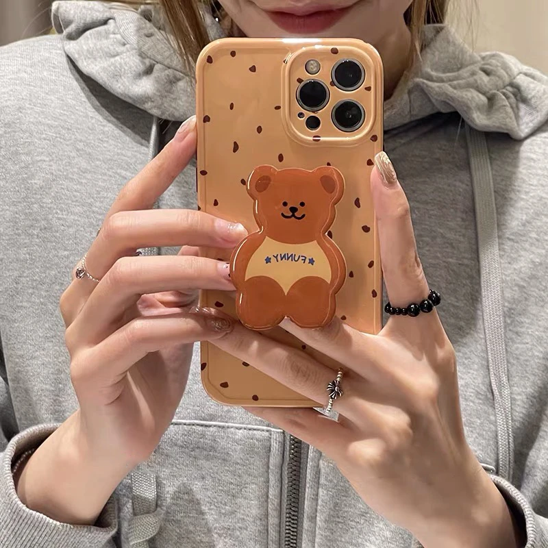 

Korean Spots Cute Cartoon Bear Bracket Soft Case For IPhone 7 8 Puls X XR XS 11 12 Pro Max Lovely Holder Protection Back Cover