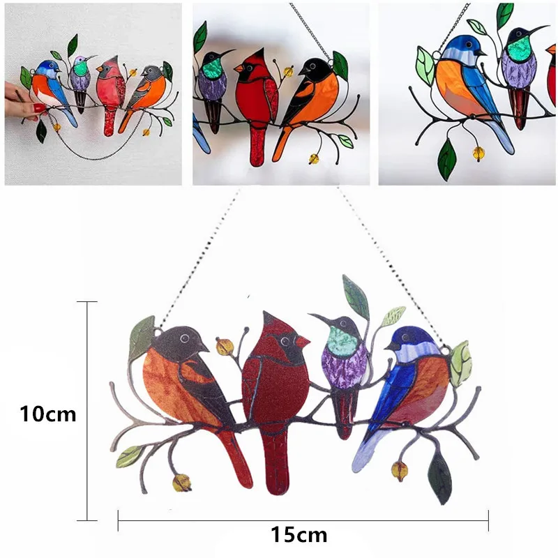 

Pendant Mini Stained Bird Glass Window Hangings metal Wall Hanging Colored Birds Decor Room Accessories