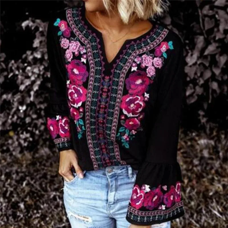 Женская этническая футболка с пышными рукавами Повседневная цветочным принтом